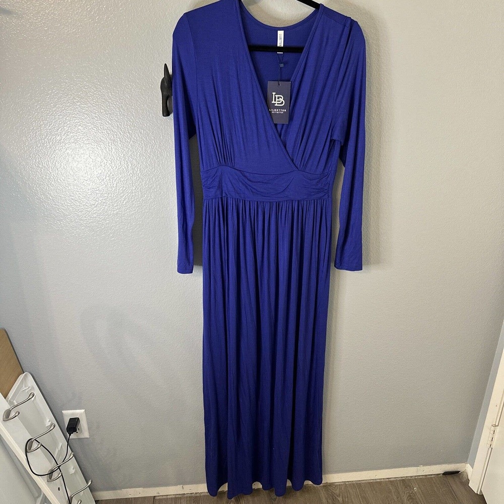 LILBETTER Women Long Sleeve Deep V Neck Loose Plain Long Maxi Casual Dress Large